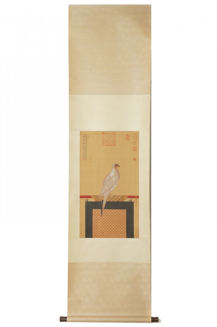 BIRD PAINTING BY LANG SHINING (GIUSEPPE CASTIGLIONE): Chinese ink and colors painting on paper scroll, signed Lang Shining (1688 – 1766); inscription and seal marks; Giuseppe Castiglione, also known as Lang Shining was born in the central San Marcellin