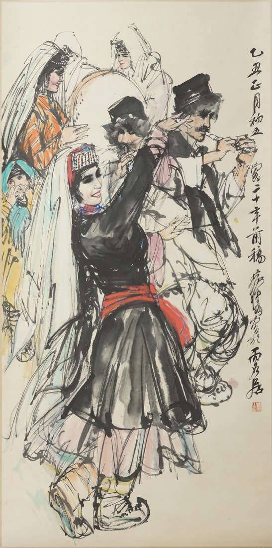 HUANG ZHOU FIGURES HANGING SCROLL PAINTING: Huang Zhou (1825 – 1997), was a famous modern artist in China who was also the founder of the Chinese Arts and Crafts Museum. Huang is best known for his paintings of donkeys and portrayal of the da