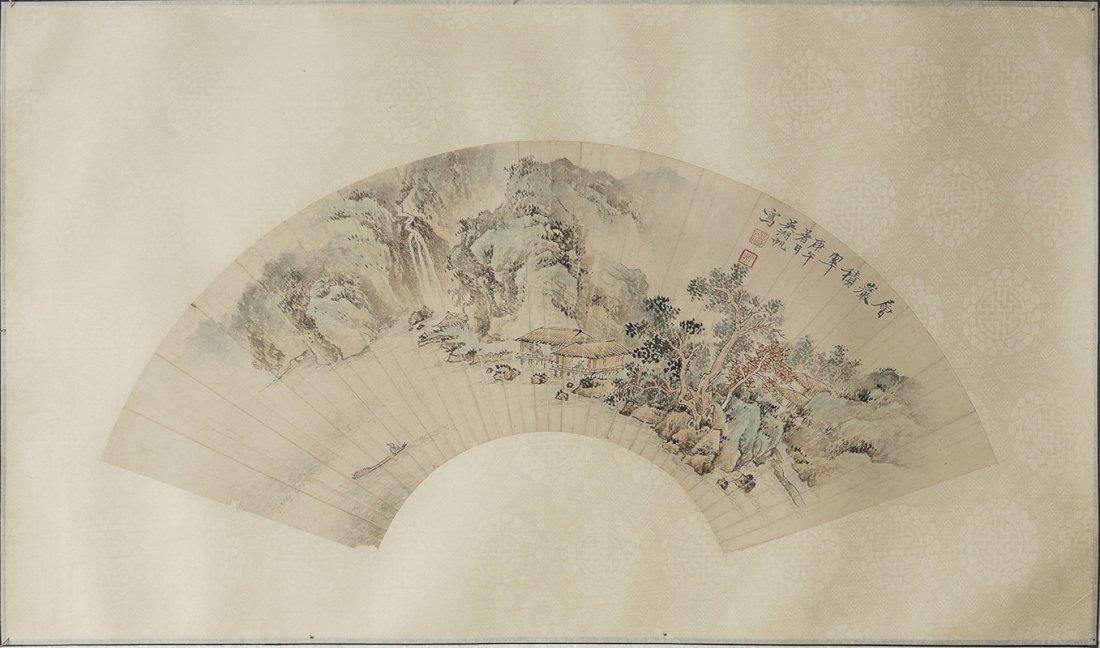 CHINESE LANDSCAPE FAN FACE PAINTING: Chinese ink and colors painting on paper fan face; depicting a landscape with figure, tree, boat, mountain and house; signed, inscription and two seal marks. Dimension: 21" x 7.5"