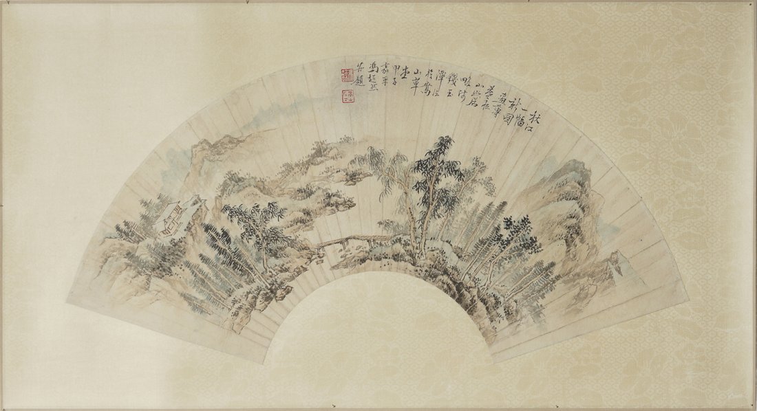 CHINESE LANDSCAPE FAN FACE PAINTING: Chinese ink and colors painting on paper fan face; depicting a landscape with house, mountainside and trees; signed, inscription and two seal marks. Dimension: 21" x 8"