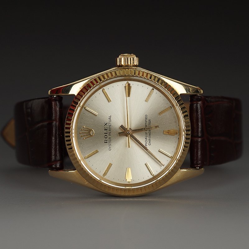 ROLEX 14K YELLOW GOLD SELF-WINDING WRISTWATCH: Vintage Rolex 14K yellow gold self-winding waterproof wristwatch, signed Rolex Oyster Perpetual Chronometer, caliber 1160, ref. 6551, circa 1975; nickel-finished 26 jeweled movement, adjusted to five 