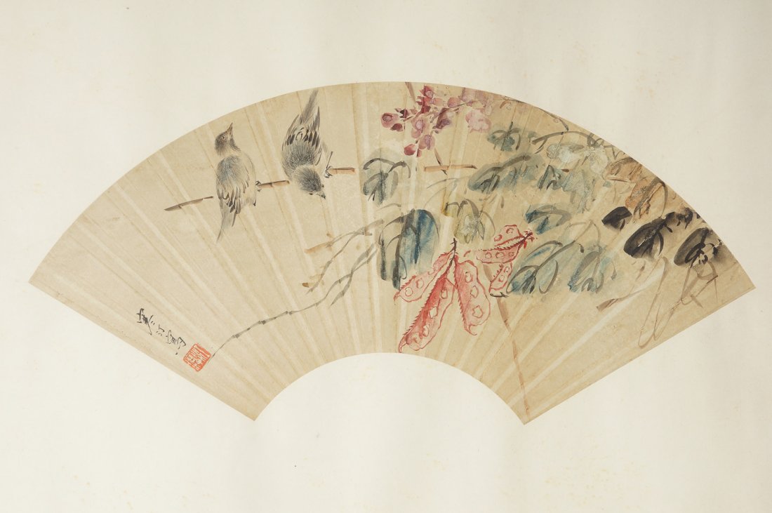 CHINESE FAN FACE PAINTING: Chinese ink and colors painting on paper fan face; depicting two birds perched on a branch with flowers and foliage; signed and seal mark. Dimension: 19" x 7.5"