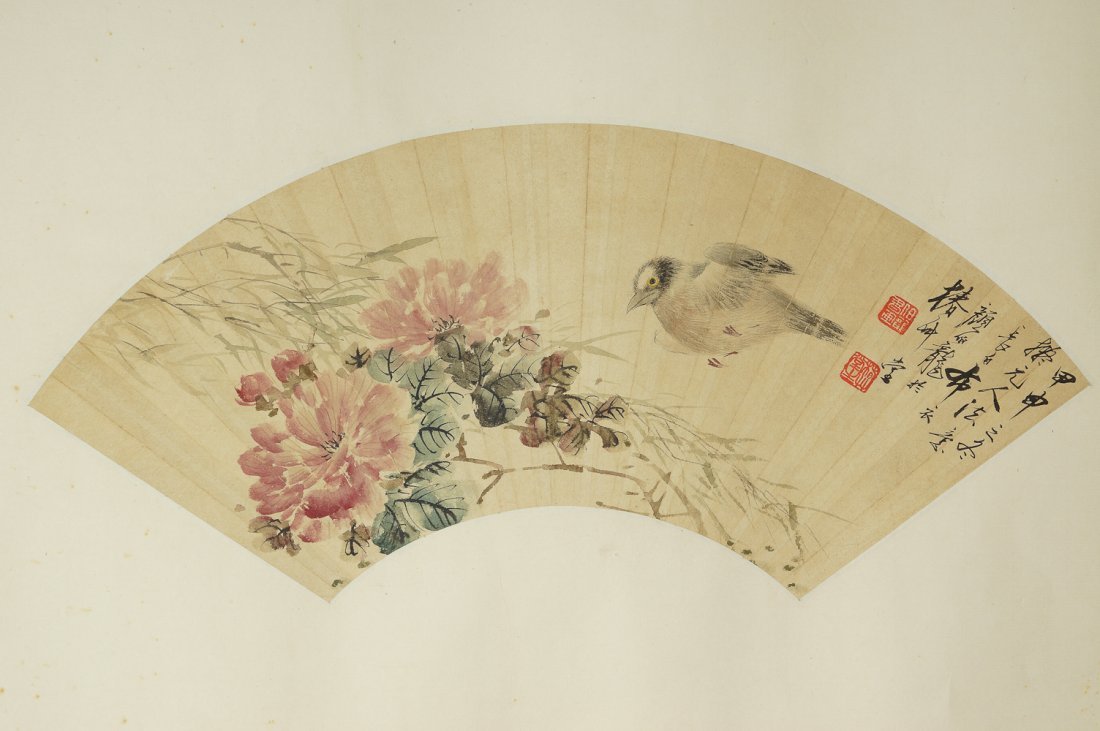 CHINESE FAN FACE PAINTING: Chinese ink and wash painting on paper fan face with bird-and-flower motif, inscription and two seal marks. Dimension: 18 x 6.5"