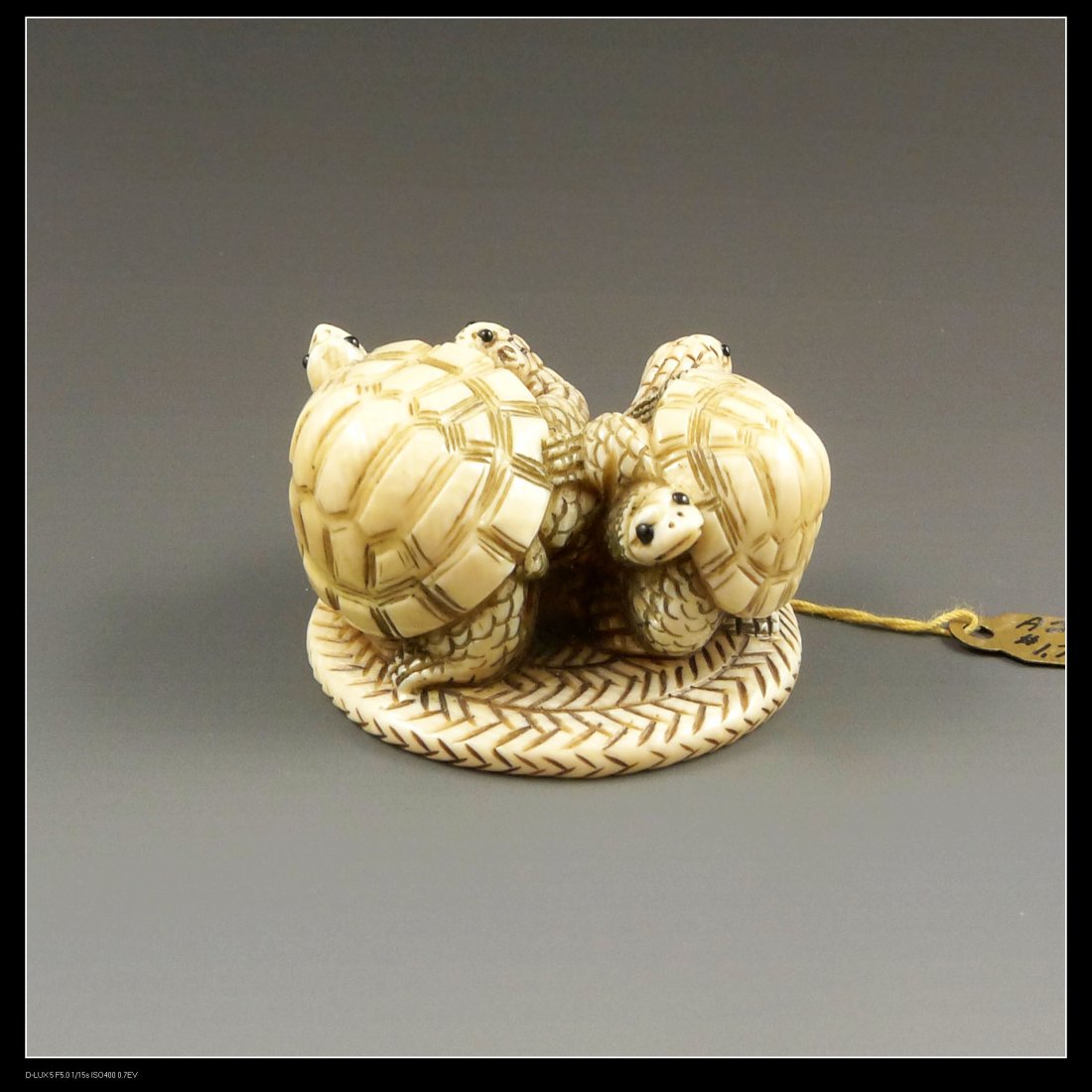 VINTAGE JAPANESE IVORY NETSUKE: Japanese Ivory Netsuke, finely carved to depict two turtles. marked underside. Size:27mm H x 42mm W