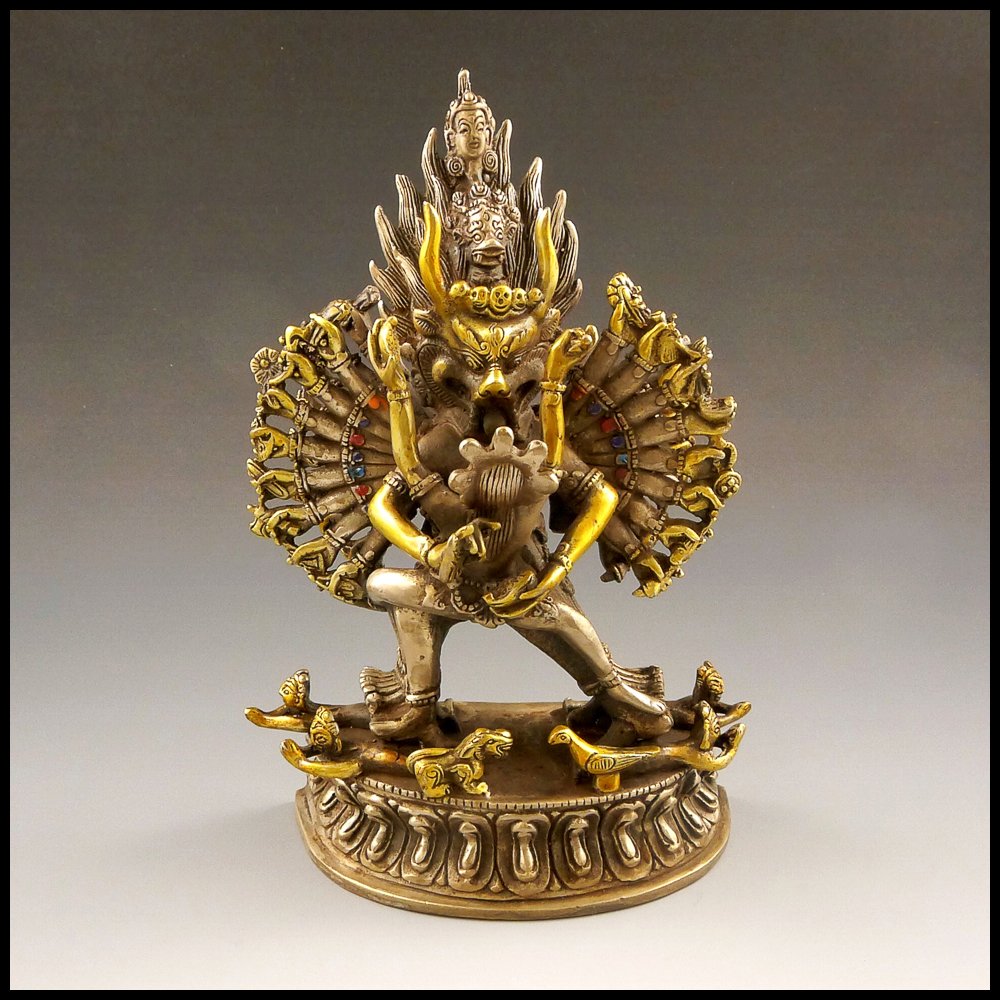 VINTAGE CHINESE GILT BRONZE TANTRIC GROUP: Well cast, vintage Chinese gilt bronze multi-armed Buddhist deity. H:7.5"