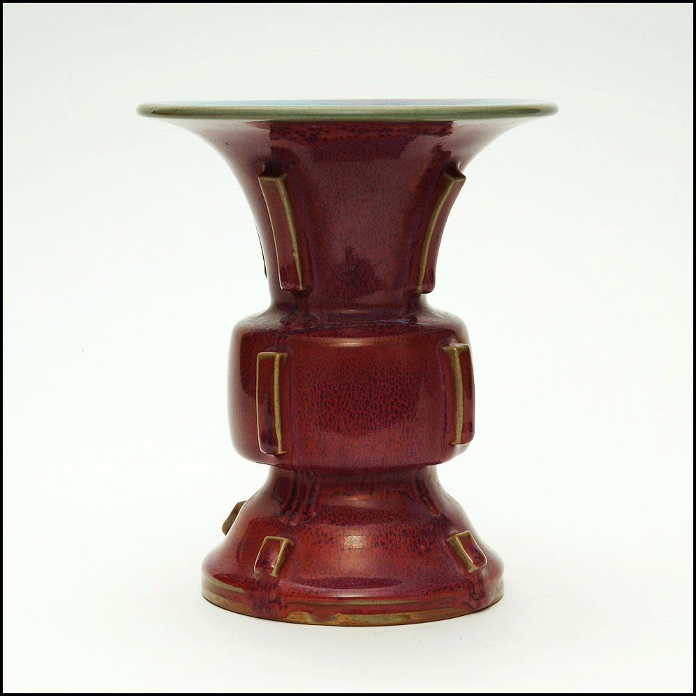 Jun kiln halberd statue: 清末民初钧窑出戟尊 Yuan Dynasty Mongol Golden Horde King, 18K gold inlay gems bottle;H:7.75".