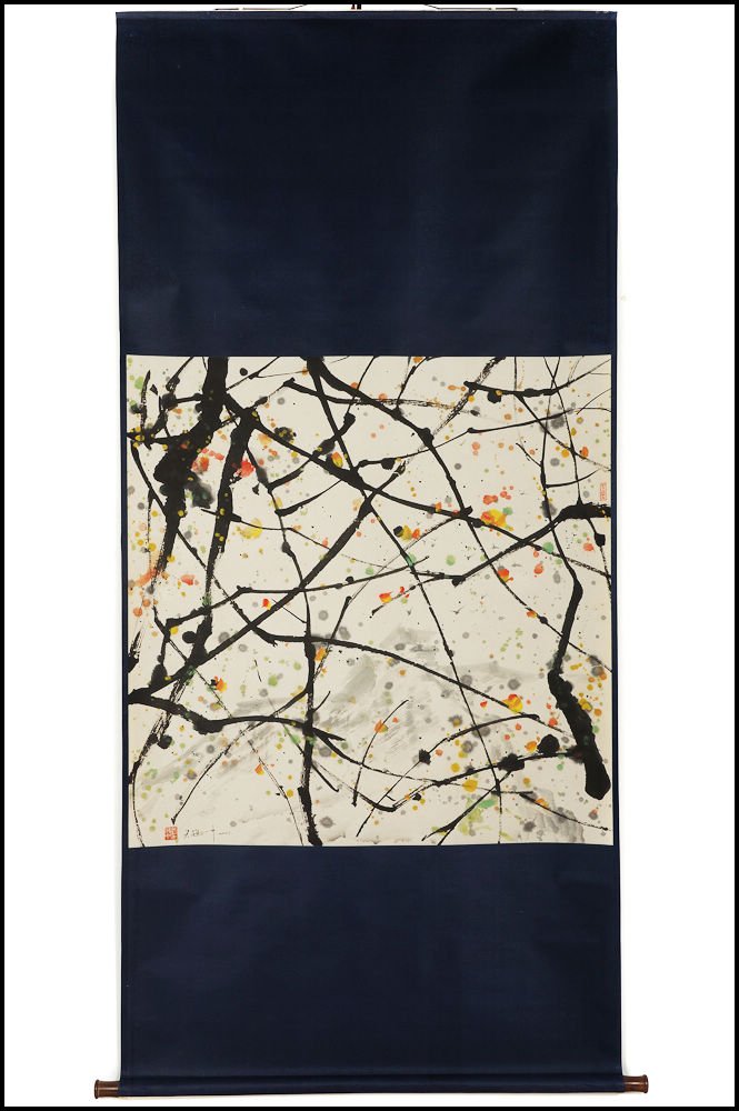 CHINESE SCROLL PAINTING: scroll painting, from Wu guang zhong 2001. with Chinese colorful flowers and plants pattern . with one marks and Chinese charactersDimension painting : (45 x 26”)