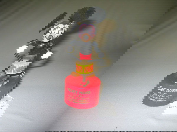 EARLY MICKEY MOUSE JOINTED FIGURE PLAYING DRUMS: EARLY MICKEY MOUSE JOINTED WOODEN FIGURE W/ORIGINAL PAINT PLAYING DRUMS. WOODEN MARKED "MICKEY MOUSE NO. 185, PATENT NO. 2,421,279. A KOHNER PRODUCT. WALT DISNEY PRODUCTIONS" APP. 6"H x 2"W