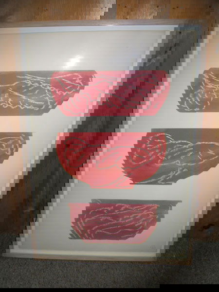 1977 ED BAYNARD UNIQUE POCHOIR #32A VESSELS.: 1977 ED BAYNARD UNIQUE POCHOIR #32A VESSELS. FRAMED ORIGINAL ARTWORK. POCHOIR ON RAG EDGE PAPER BY ED BAYNARD OF VESSELS OR BOWLS. TITLE: UNIQUE POCHOIR #32A. DATE 1977. LABEL ON BACK STATES IT WAS PU