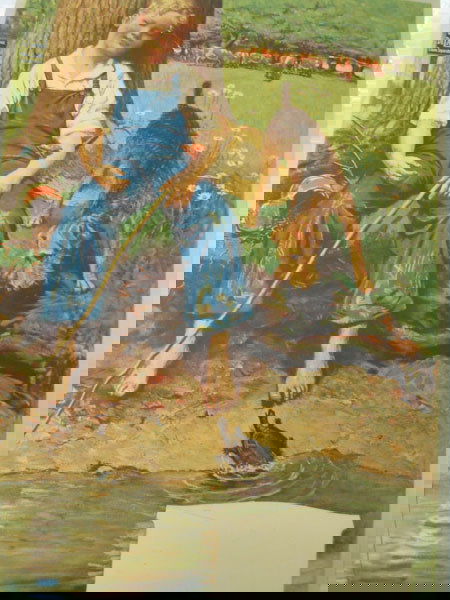 CALENDAR DE LAVAL CREAM SEPARATORS 1925.: CALENDAR DE LAVAL CREAM SEPARATORS 1925. CHARMING LITHOGRAPH OF BOY FISHING WITH HIS DOG. TURTLE CLIMBING OUT OF WATER, WORMS IN CAN SPILLED ON LAWN. COWS IN BACKGROUND. NORMAN PRICE IS THE ARTIST, SI