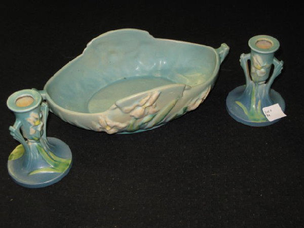 3 PC. ROSEVILLE CONSOLE SET, IRIS PATTERN: 3 PC. ROSEVILLE CONSOLE SET, INCLUDES BOWL & PR. CANDLESTICKS, NO. 1135-4 1/2". IRIS PATTERN. VGC