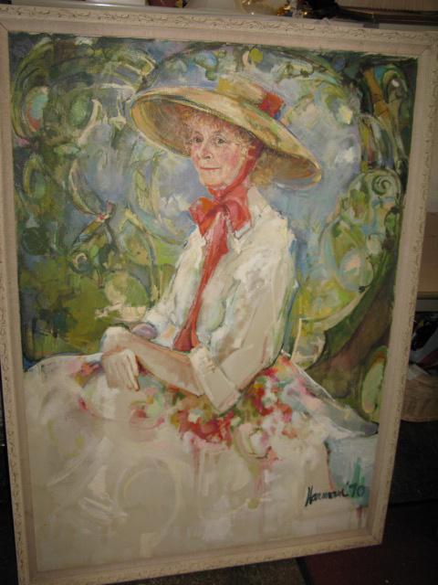 LOTTIE LEE HARMAN, SGD. BOB HARMAN: LOTTIE LEE HARMAN, SGD. BOB HARMAN. O/C, C. 1970. IMAGE: 50 1/8"Hx36"W. VERY LARGE & COLORFUL PORTRAIT OF LOTTIE LEE, ARTIST'S MOTHER, WEARING HAT TIED UNDER CHIN WITH RED RIBBON, ROMANTIC WHITE DRESS
