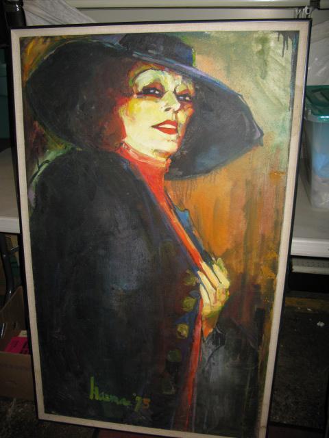MME. OLGA PETROVA, SGD. BOB HARMAN: MME. OLGA PETROVA, SGD. BOB HARMAN. OIL/CANVAS, 1973. IMAGE: 50"Hx30.25"W. PORTRAIT OF OLGA PETROVA, 3/4 VIEW OF STANDING FIGURE WEARING DARK COAT AND WIDE BRIMMED HAT. FACE & FIGURE HAVE GARISH APPEA