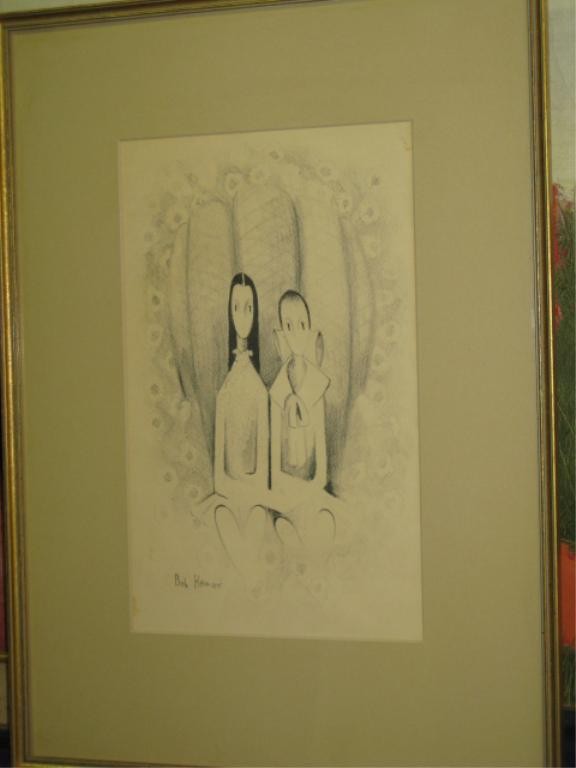 THE SISTERS, SGD. BOB HARMAN: THE SISTERS, SGD. BOB HARMAN. LITHOGRAPH. C. 1965. IMAGE: 12 3/8"Hx7.5"W. BLACK & WHITE IMAGE OF 2 GIRLS SEATED IN FRONT OF LATTICEWORK WINDOW. FORMS ARE ELONGATED. (#148). G/C About the Artist: *Born