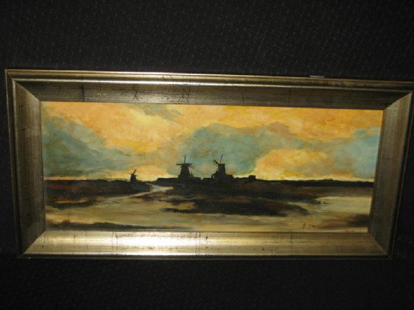 SGD. JAMES GAVIN, O/B. DUTCH WINDMILLS, 1949: SGD. JAMES GAVIN, O/B. SCENE DEPICTS DUTCH WINDMILLS AT DUSK. 1949. SKY VERY GOLDEN, WATER AND MARSHES. GILDED FRAME. APP. 23"Lx12"W. VGC. ABOUT THE ARTIST: O/C Sgd. James G. Gavin (his works have bee