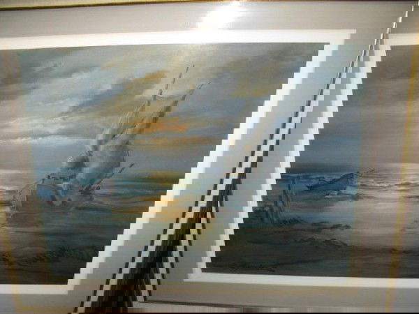 WATERCOLOR SGD. C. (CESLOVAS) JANUSAS. SEASCAPE: WATERCOLOR SGD. C. (CESLOVAS) JANUSAS. (B.1907-CRIMEA-RUSSIA) SEASCAPE. DEPICTS A BEACHED SAILBOAT W/WIND-DAMAGED SAILS. BEAUTIFUL DAWN SKIES. FRAMED UNDER GLASS. APP. 35"Lx25"W VGC