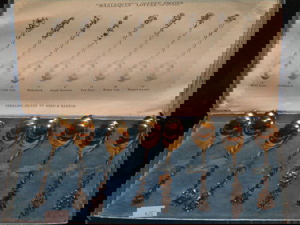 8 STERLING COFFEE SPOONS; 1941 REED & BARTON: 8 STERLING COFFEE SPOONS; 1941 REED & BARTON- "HARLEQUIN". FLORAL DESIGN SPOONS SET IN ORIGINAL BOX. PAPER INSET DATED 10-15-41. MARKED REED & BARTON "HARLEQUIN" COFFEE SPOONS. STERLING SILVER. MEASUR