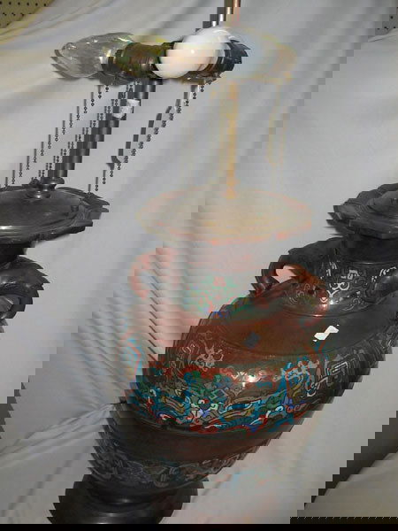 EARLY CLOISONNE TABLE LAMP W/ELEPHANTS: EARLY CLOISONNE TABLE LAMP W/ELEPHANTS, HANDLES. OLDER LAMP WITH COLORFUL DETAILED MOSAIC. 3-BULB LAMP. ELEPHANT ON HANDLES. ELECTRIC. 31" H X 11.5" W. LBS. VGC.