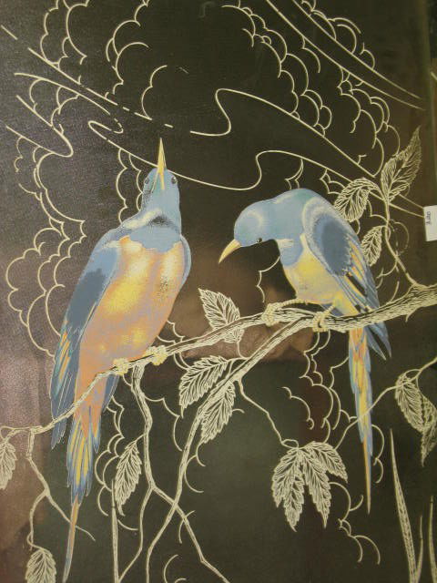 4 VERITA ORIGINAL HAND-PAINTED GLASS PANELS: 4 VERITA ORIGINAL HAND-PAINTED LARGE GLASS PANELS. THREE PANELS HAVE BIRD ON BRANCH DESIGNS WITH WATERLILLIES AT BASE. ONE PANEL HAS AN UNDERWATER TROPICAL FISH DESIGN. ALL HAND-PAINTED ON CLEAR GLASS