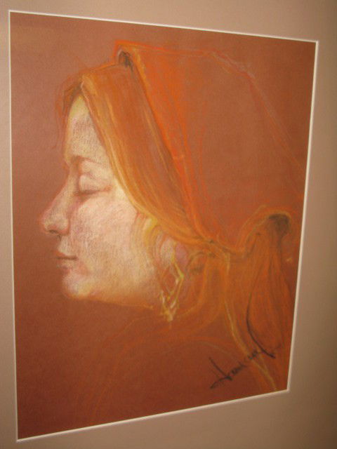 BOB HARMAN SGD. PAINTING: BOB HARMAN SGD. UNTITLED TEMPERA ON PAPER. CA. 1965. PROFILE VIEW OF YOUNG GIRL WEARING HEAD SCARF, RED GROUND. METAL FRAME. GOOD CONDITION. IMAGE: H 16.5" x W 13". FRAMED: H 30" x W 22.5".