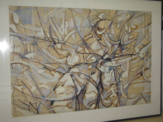FEBRUARY STORM SGD. BOB HARMAN: FEBRUARY STORM SGD. BOB HARMAN, OIL ON PAPER. PAINTING OF ABSTRACT TREES AND SNOW. PAINTING GOOD; WITH PLANER DISTORTION; NEEDS TO BE RE-MATTED. IMAGE: H 22.5" x W 33.25". FRAMED: H 30" x W 40.25".
