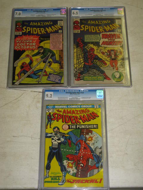 THE AMAZING SPIDERMAN, MARVEL COMICS, 3 TOTAL: THE AMAZING SPIDERMAN, MARVEL COMICS, NO. 11, NO. 15, NO. 129. 1) AMAZING SPIDER-MAN, NO. 11, APRIL, MC 4/64, CGC UNIVERSAL GRADE 7.0. 2) AMAZING SPIDER-MAN, NO. 15, AUG. MC 8/64. CGC UNIVERSAL GRADE