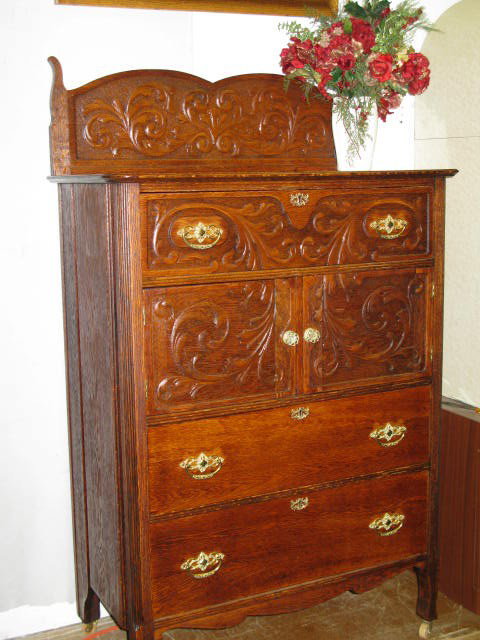 OAK FANCY DOUBLE BONNET CHEST, HEAVILY CARVED - 2