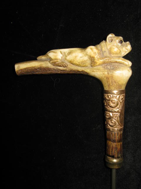 IVORY, HAND-CARVED BULLDOG UBRELLA HANDLE: IVORY, HAND-CARVED BULLDOG UMBRELLA HANDLE. GOLD-FILLED EMBOSSED BAND ETCHED "H.P. GREENE, KEUKA TRIBE". VERY DETAILED CARVING. APP. 7 1/4"L X 5" AT HANDLE. VGC