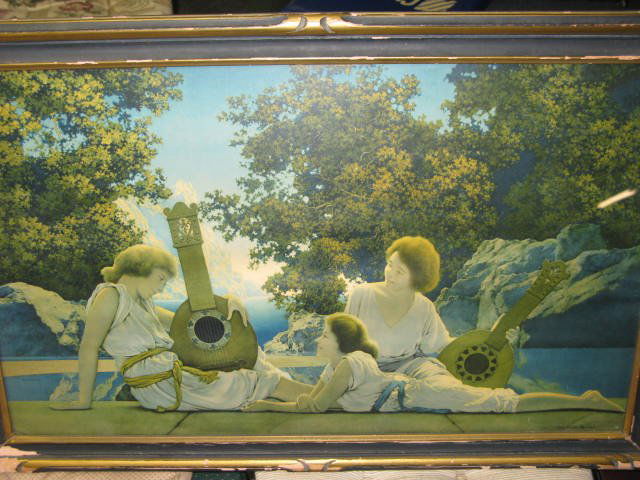 MAXFIELD PARRISH "LUTE PLAYERS": MAXFIELD PARRISH "LUTE PLAYERS". THE FRAME IS VINTAGE, BUT GILDING HAS WORN OFF. APP. SIZE FRAMED: 33"Lx22"H