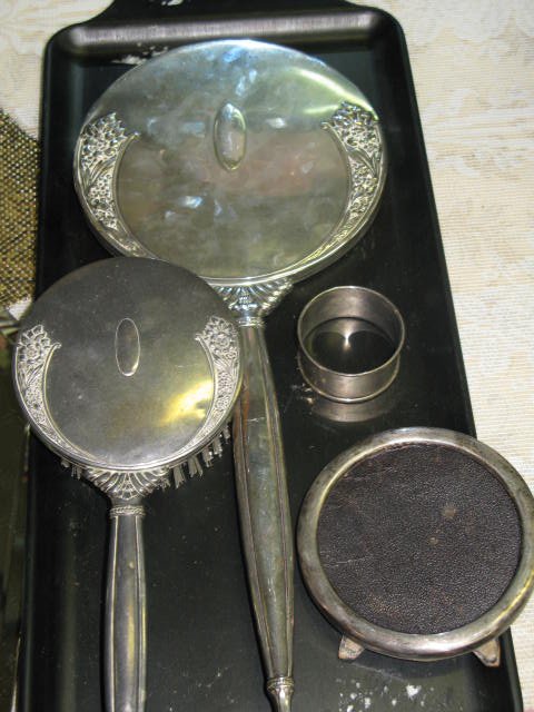 STERLING DRESSER PCS., FRAME, NAPKIN RING: STERLING DRESSER PIECES, ROUND FRAME, NAPKIN RING (GORHAM), ETCHED.