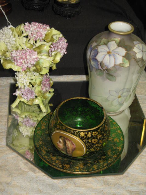 3 PC. LOT. NIPPON VASE, PORCELAIN & PORTRAIT DISH: 3 PC. LOT. NIPPON VASE, PORCELAIN FOOTED VASE, GREEN GLASS BOWL & UNDERPLATE W/HAND-PAINTED PORTRAIT MEDALLION ON SIDE.