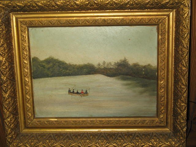 SM. OIL/BOARD LAKE W/FISHERMEN. UNSIGNED: SMALL OIL/BOARD STILL LIFE DEPICTING LAKE W/ 5 FISHERMEN IN A CANOE. UNSIGNED. GILT FRAME. APP. FRAMED DIMESIONS: 17 x 14" . INSIDE DIMENSIONS: 9"X12". GC