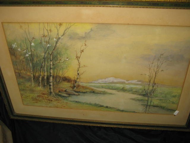 WATERCOLOR, UNSIGNED, LANDSCAPE W/BIRCH TREES: WATERCOLOR, UNSIGNED, LANDSCAPE W/BIRCHES, STREAM, MOUNTAINOUS BACKGROUND. PAINTING IS VGC BUT MATTING HAS DARKENED. EARLY 1900'S. FRAMED UNDER GLASS. VINTAGE FRAME IN VGC. APP. FRAMED DIMENSIONS: 28 