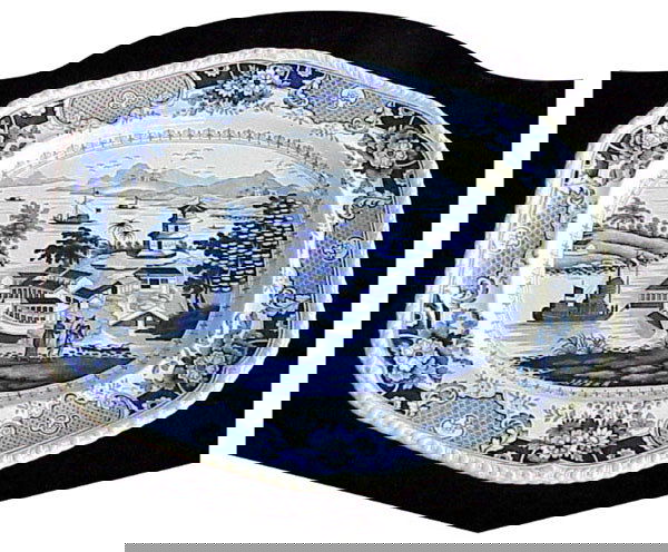 BLUE WILLOW, LG. PLATTER, "INDIA TEMPLE" J.W R.: BLUE WILLOW, LG. PLATTER, "INDIA TEMPLE" J.W R. TURKEY SIZE, VERY FINE CONDITION, NO DAMAGE, 18 3/4" H X 16 1/4" W., 15 LBS