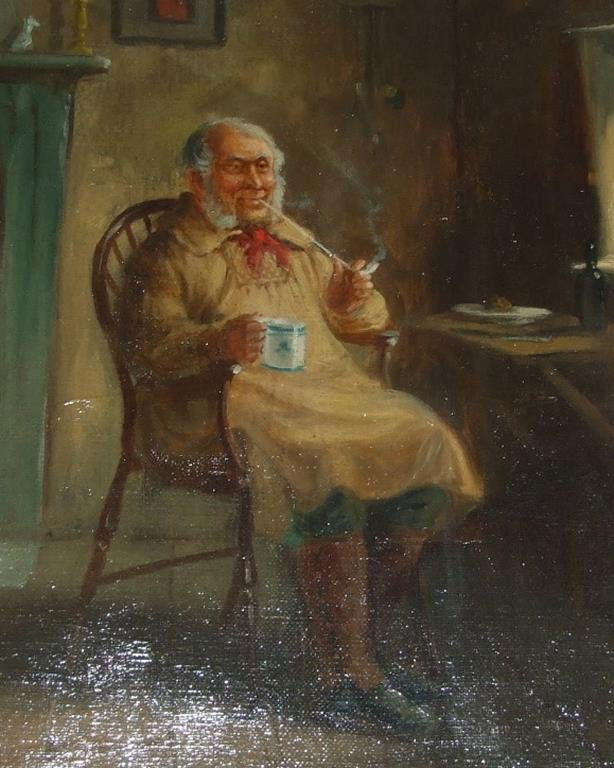 A Austen, a seated gentleman wearing a smock and: A Austen, a seated gentleman wearing a smock and gaiters smoking a pipe, oil on canvas, signed, 29.5 x 22 cm
