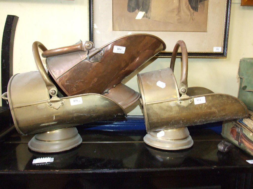 Three brass coal scuttles, a travelling trunk, a case: Three brass coal scuttles, a travelling trunk, a case and other related items (qty)