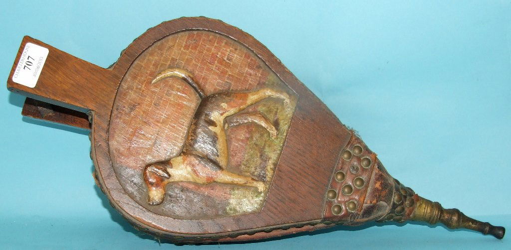 A pair of oak bellows, decorated a foxhound: A pair of oak bellows, decorated a foxhound