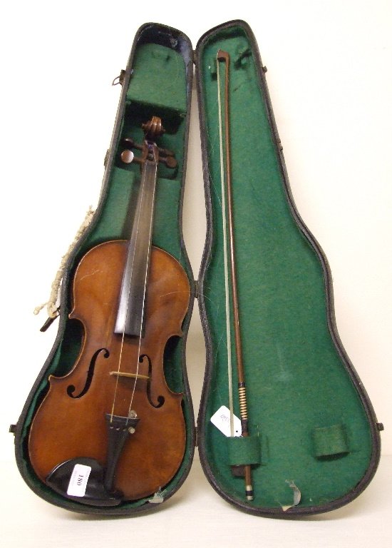 A violin, with a 14 inch one piece back, bears a label,: A violin, with a 14 inch one piece back, bears a label, Médio-Fino, and a bow, cased