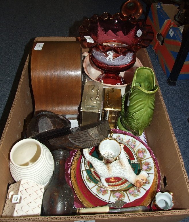 A pair of carved wood masks, a mantel clock, a Wedgwood: A pair of carved wood masks, a mantel clock, a Wedgwood Keith Murray vase (a.f.), and other items (box)