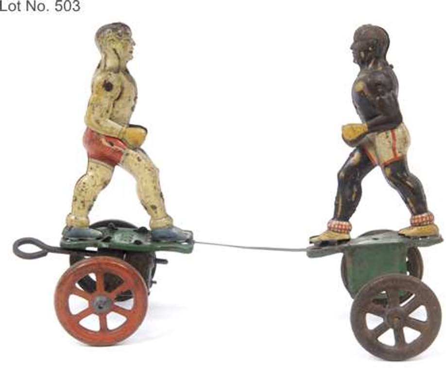 A Gebruder Einfalt tinplate clockwork boxing figures,: A Gebruder Einfalt tinplate clockwork boxing figures, with articulated arms, 20 cm wide See inside back cover colour illustration