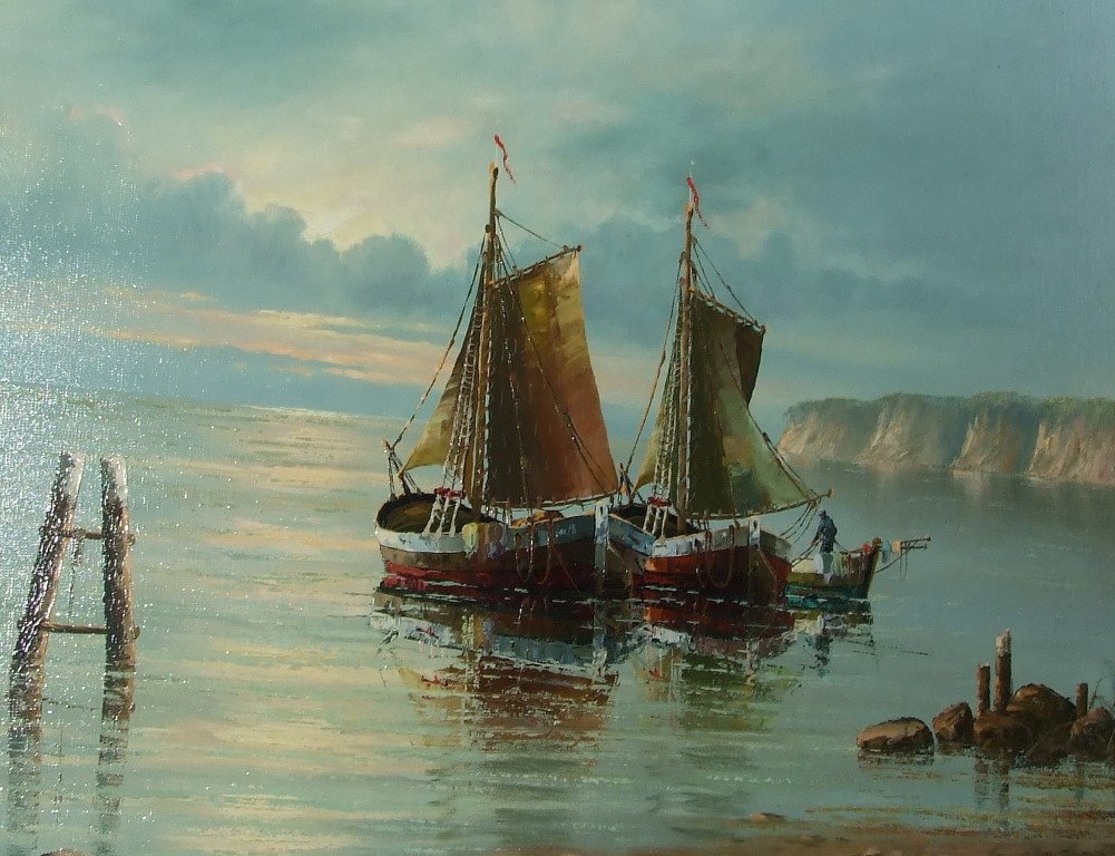 Continental school, boats landing, oil on canvas,: Continental school, boats landing, oil on canvas, indistinctly signed, 60 x 70.5 cm