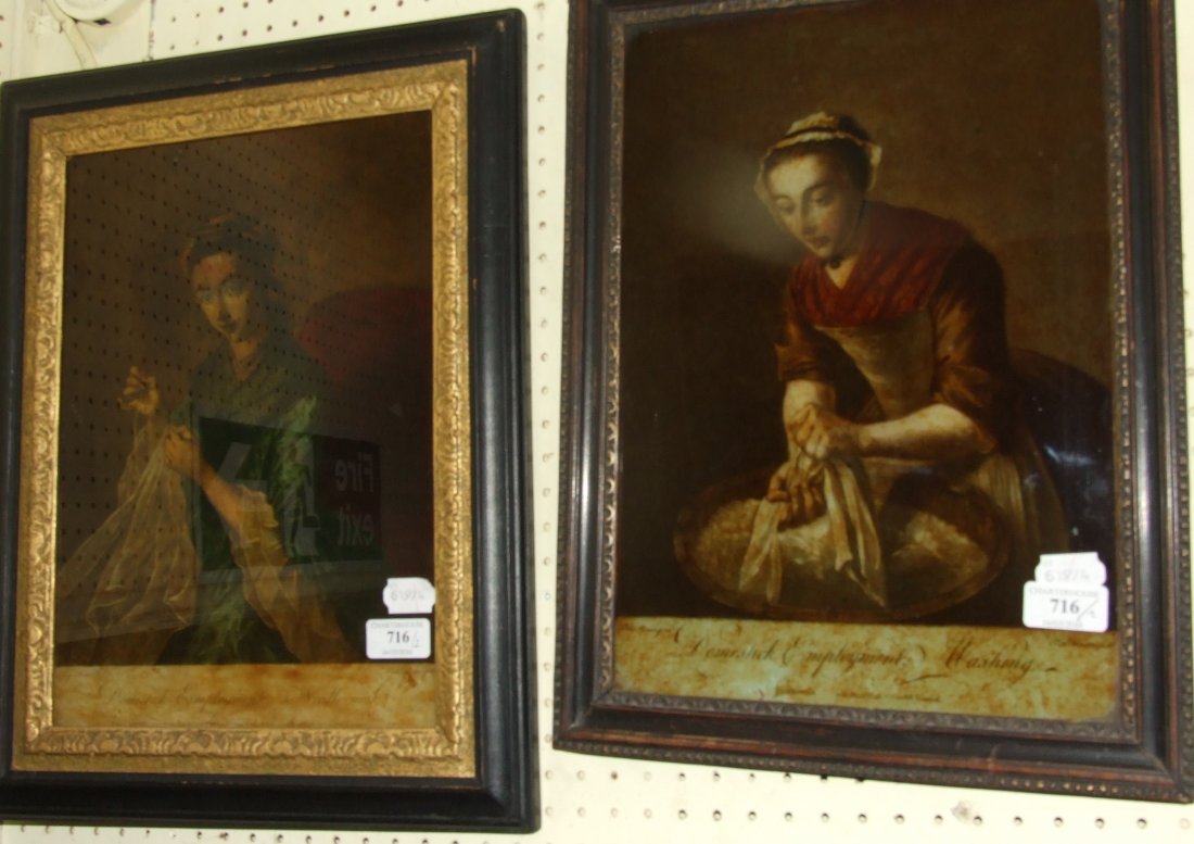 A late 18th century reverse print on glass, Domestick: A late 18th century reverse print on glass, Domestick Employment Needle-work, and another, Domestick Employment Washing (2)