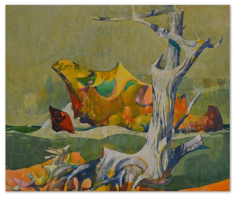 "Barking Rocks" by Millard Owen Sheets: 2. Millard Owen Sheets (1907 - 1989) “Barking Rocks”; signed lower right: Millard Sheets 1964; framed watercolor/ink on paper, 26”W x 22”H; EST: $25,000/35,000. Provenance: Private Collectio