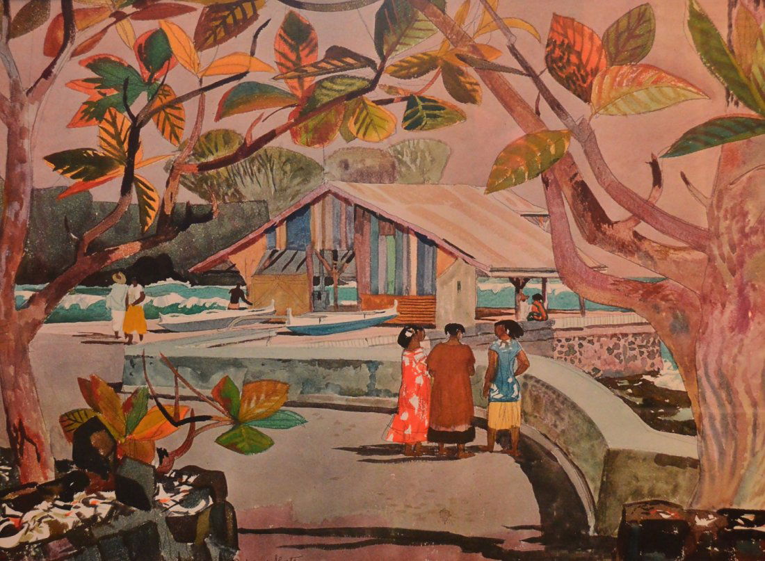 "Tahitian Village" Lithograph by Millard Owen Sheets: 5. Millard Owen Sheets (1907 - 1989) “Tahitian Village”; signed lower middle: Millard Sheets; framed lithograph, 30”W x 22”H; EST: $2000/4000. Provenance: Private Collection, Claremont, CA. Co