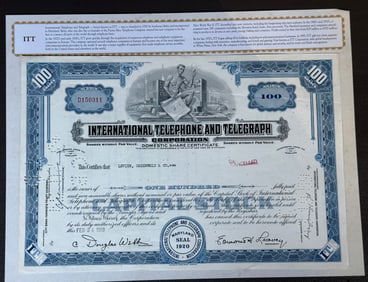 International Telephone & Telegraph Corporation (ITT) Stock Certificate 1959