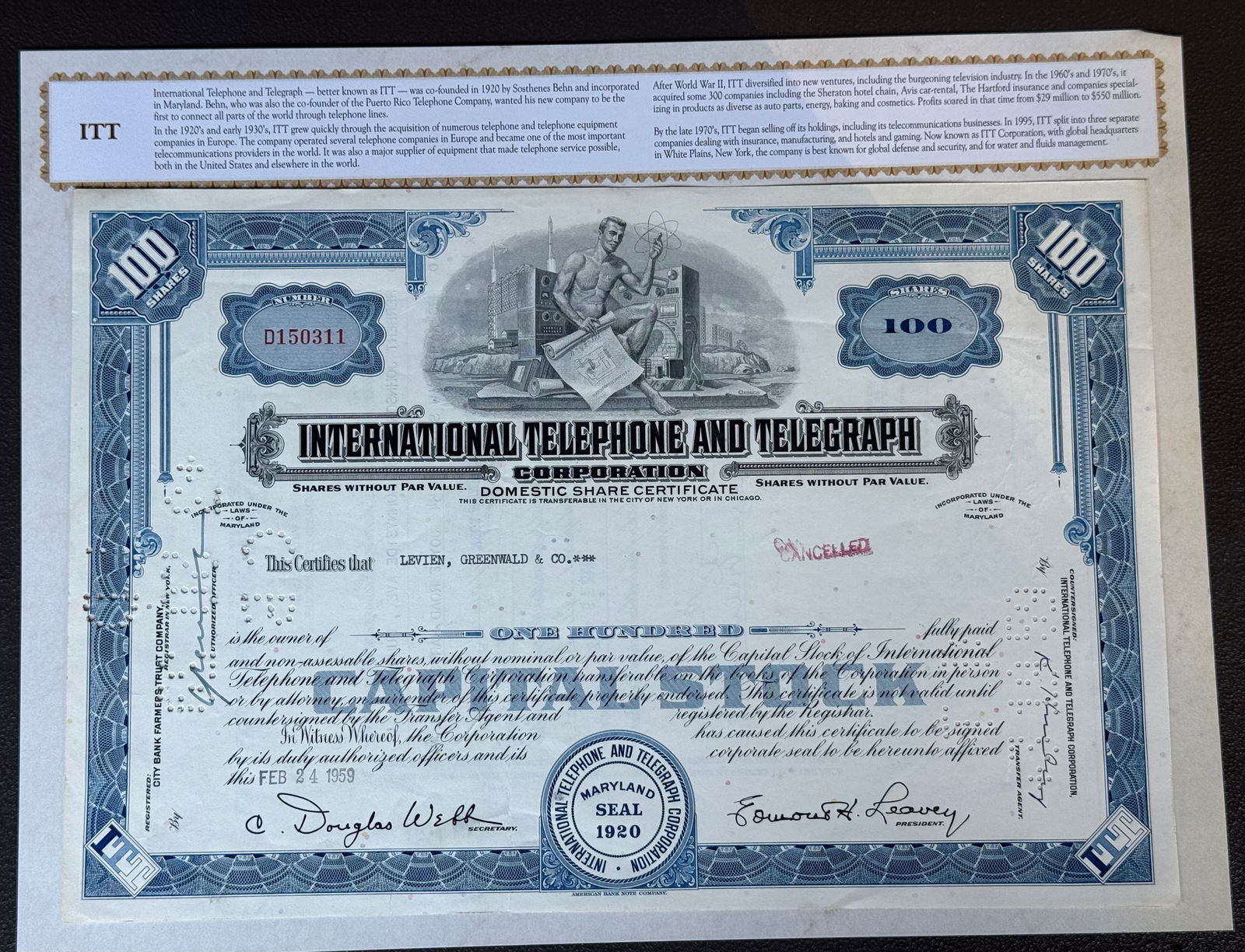 International Telephone & Telegraph Corporation (ITT) Stock Certificate 1959 (1 of 3)