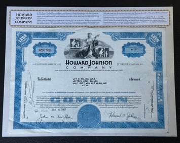 Howard Johnson Company Stock Certificate – 10 Shares – Vintage 1969