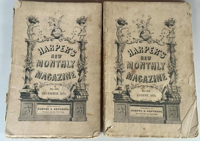 Two Harper’s New Monthly Magazines, 1871, Franklin Square, New York.