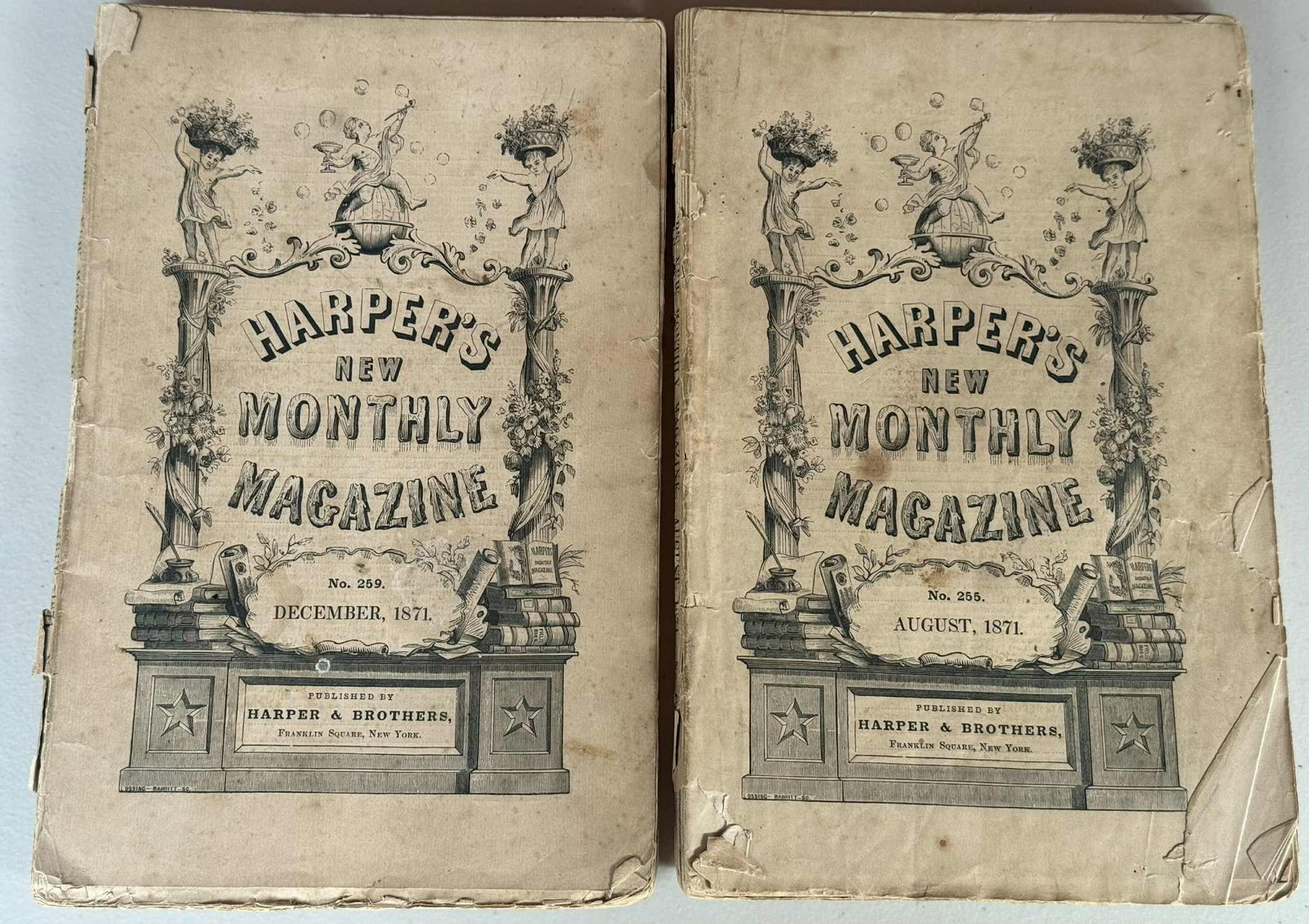 Two Harper’s New Monthly Magazines, 1871, Franklin Square, New York.: Each 19th-century softcover issue features the ornate engraved title-page design and numerous early American woodcut illustrations, serialized stories including The American Baron, and extensive adver