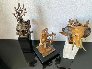 Theodore Gall Collection of Three Bronze Sculptures Kinetic Heads, Figures, Interior Scenes